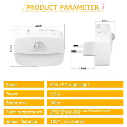 LED night light with motion sensor and 220V EU plug