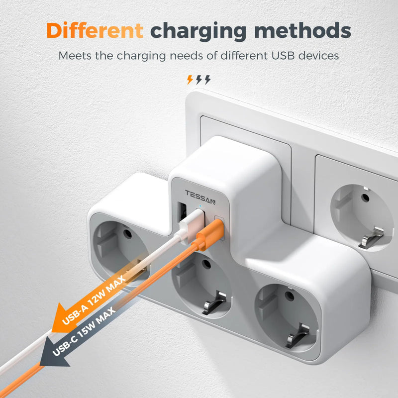 Regleta de enchufe múltiple 6 en 1 con 3 tomas + 2 USB-A + USB-C (estándar UE)RegletasElectronics > Electronics Accessories > Power > Power Strips & Surge Suppressors