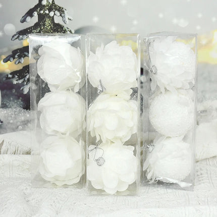 Christmas Tree Ornaments White Glitter Petal Balls 3pcs