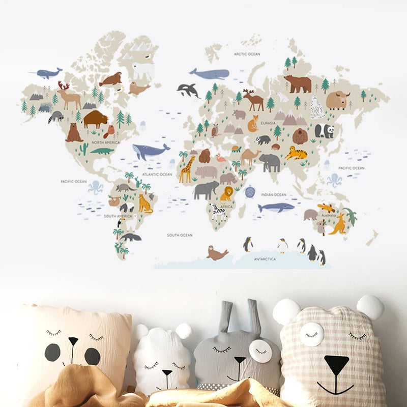 Pegatinas de pared de mapa del mundo grande con dibujos de animalesAdhesivos