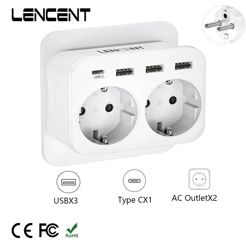 Extensor de enchufe de pared 6 en 1 (2 AC + 3 USB + USB-C) 4000 W 16 ARegletasElectronics > Electronics Accessories > Power > Power Strips & Surge Suppressors