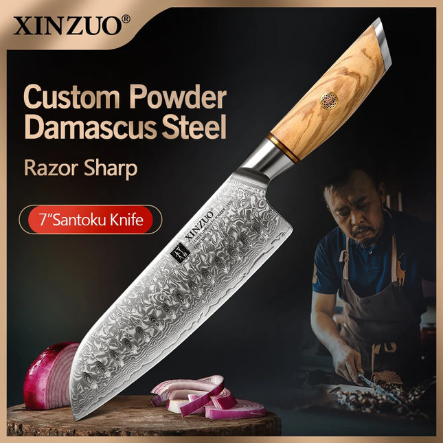 Santoku 7" cuchillo de cocina de acero Damasco 73 capas con mango de olivoCuchillosHome & Garden > Kitchen & Dining > Kitchen Tools & Utensils > Kitchen Knives > Santoku Knives