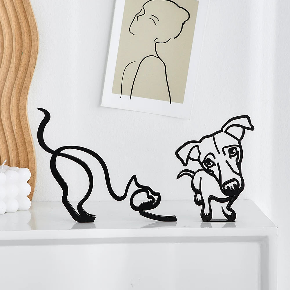 Escultura silueta simple de perros y gatos en metal para mesa
