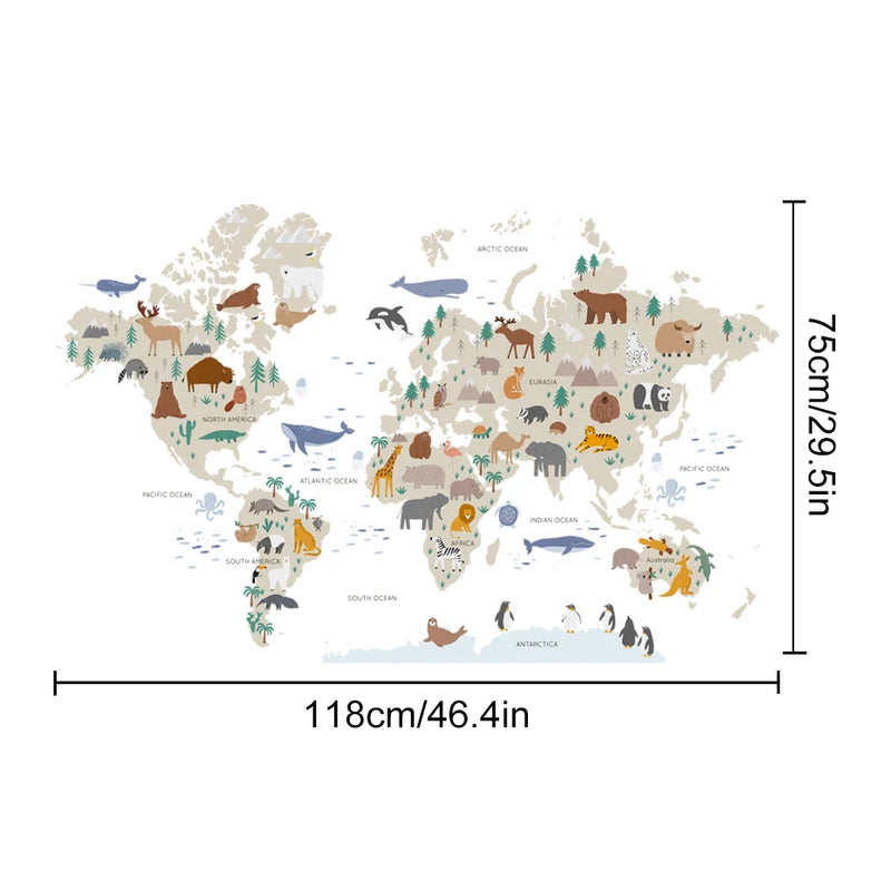 Pegatinas de pared de mapa del mundo grande con dibujos de animalesAdhesivos