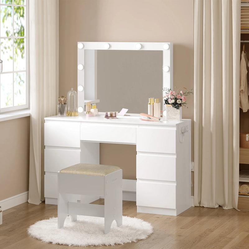 Tocador blanco con espejo LED, enchufe integrado y 7 cajonesMueblesFurniture > Cabinets & Storage > Vanities > Bedroom Vanities > Dressing Tables