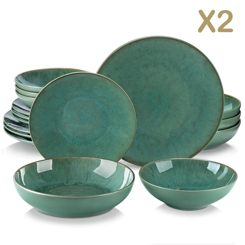 Juego de vajilla de 16/32 piezas de gres verde con relieve | platos, cuencos y tazas para 4/8 personasVajillas completasHome & Garden > Kitchen & Dining > Tableware > Dinnerware > Dinnerware Sets