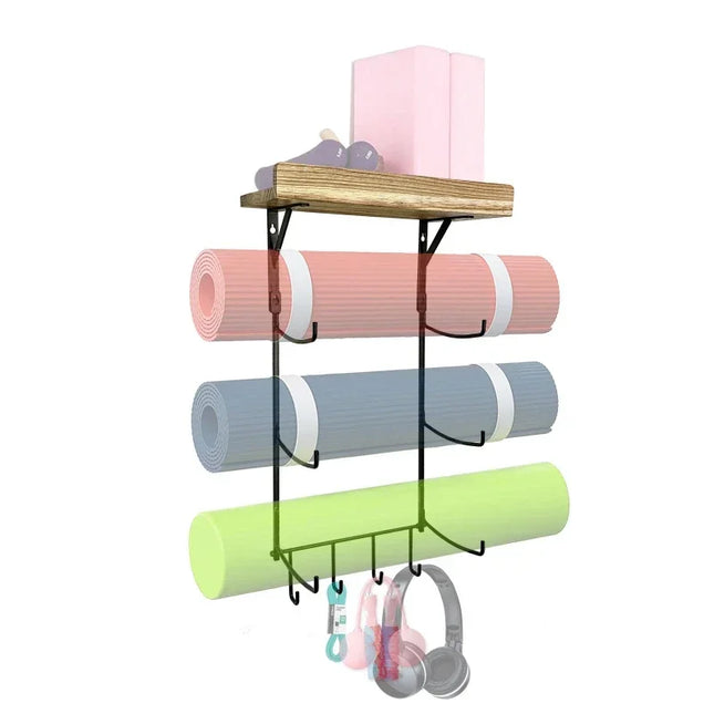 Soporte de pared para esterilla de yoga con estante de madera y ganchosEstantes