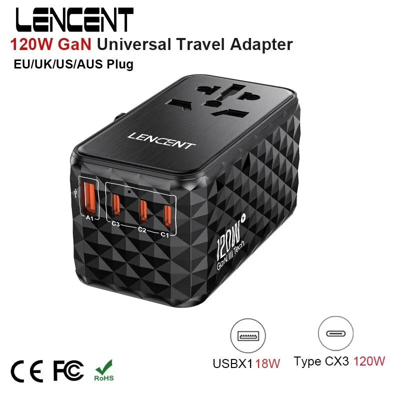 Adaptador de viaje universal GaN 120 W con 3 USB-C, 1 USB-A y toma AC (EU/UK/US/AUS)RegletasElectronics > Electronics Accessories > Power > Power Adapters & Chargers