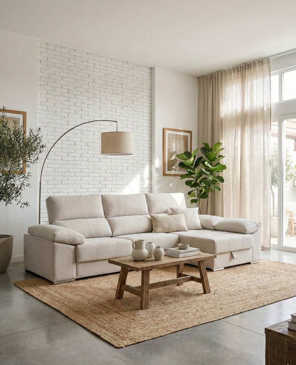 Sofá chaiselongue beige con asientos deslizantes 3 plazas