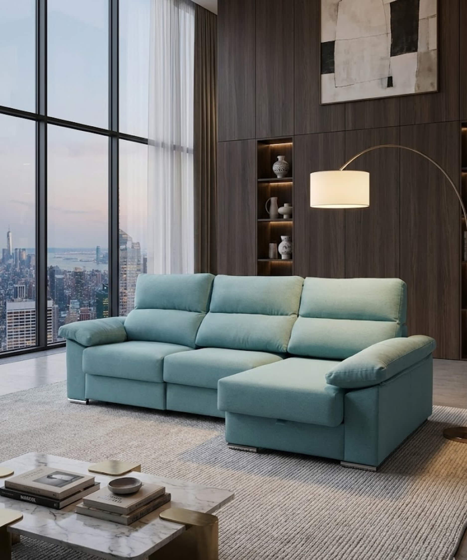 Sofá chaiselongue Denver verde antimanchas 3 plazas