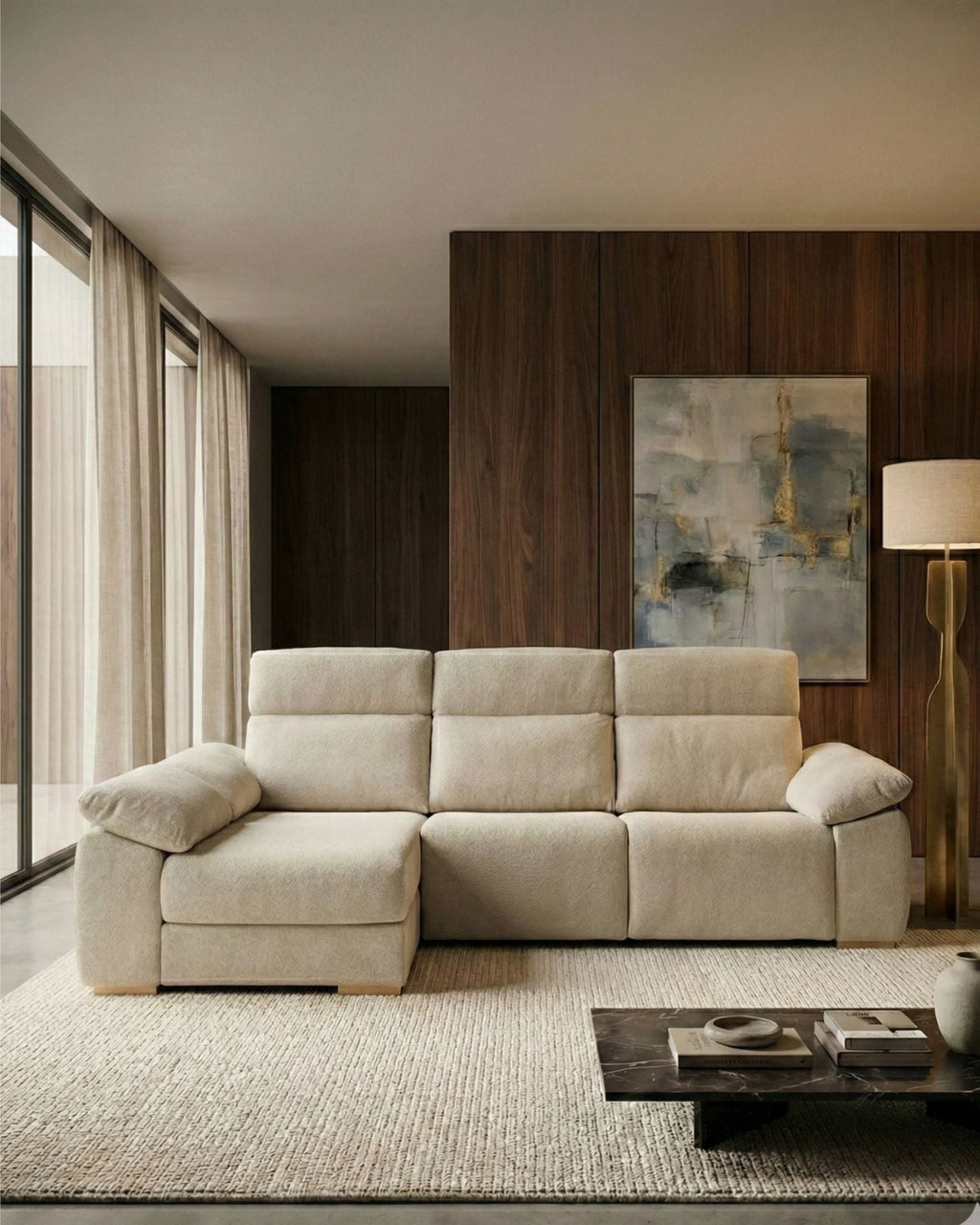Sofá chaiselongue 3 plazas para sala beige | confort