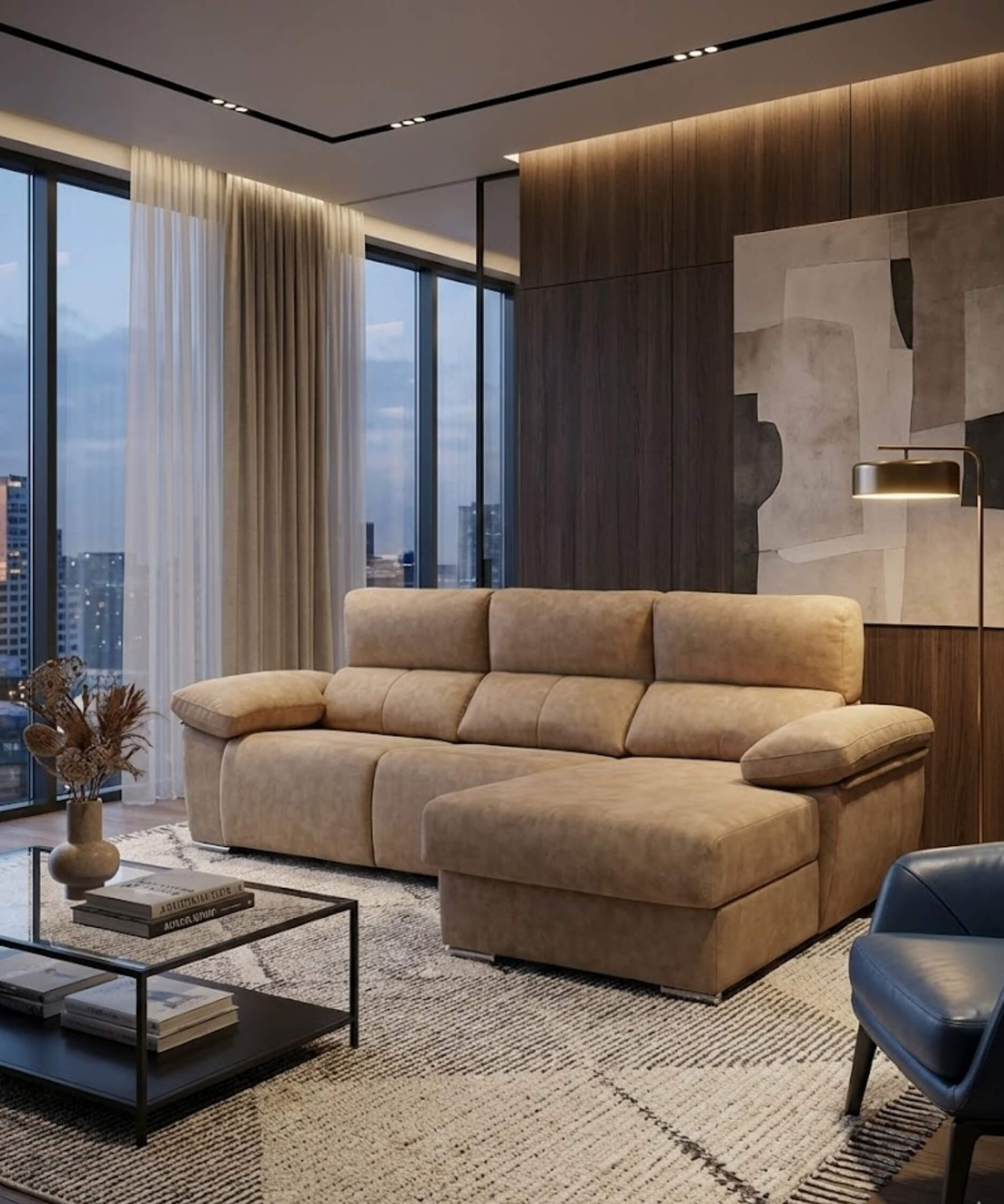 Sofá chaiselongue 3 plazas con asientos motorizados | arena