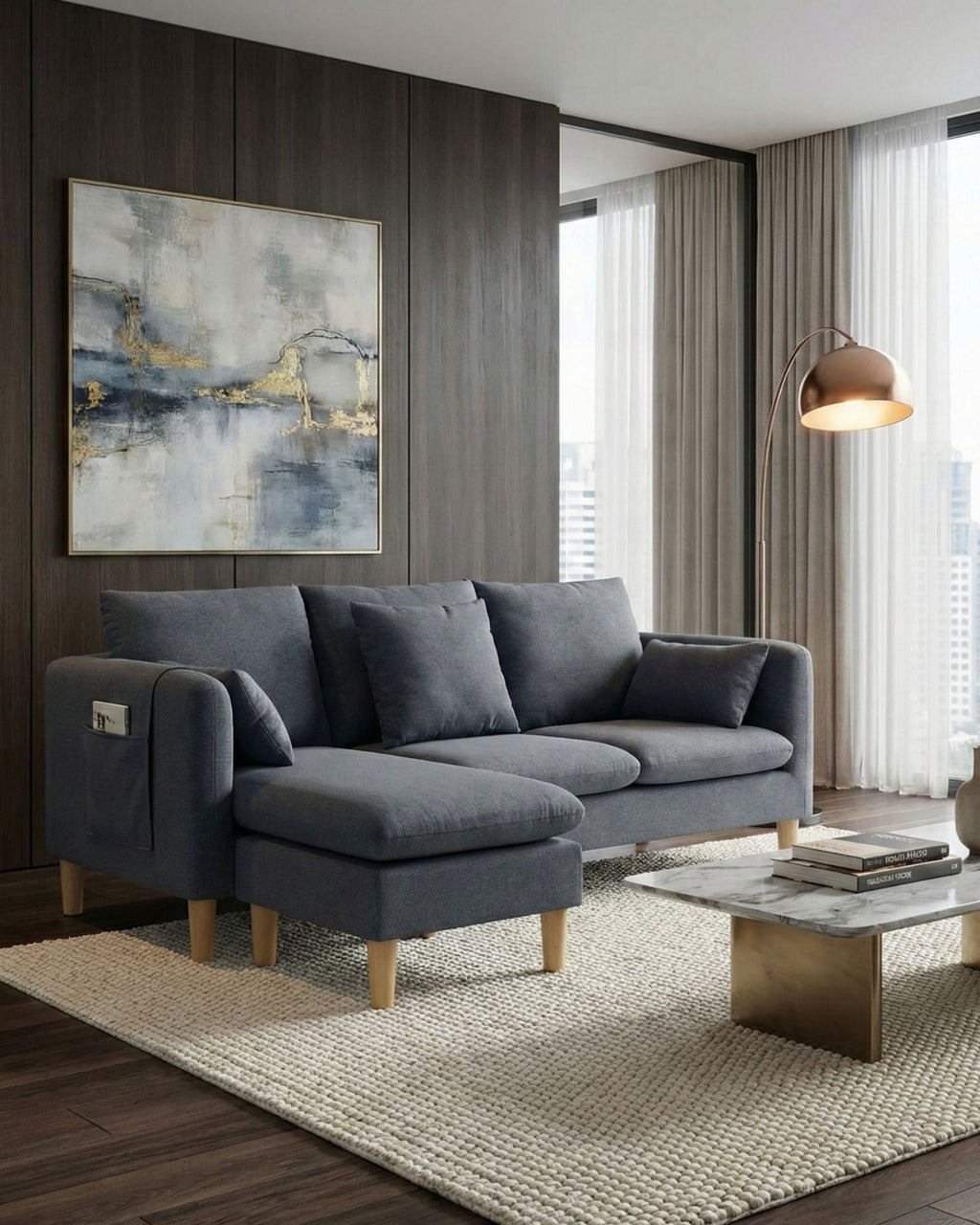 Sofá chaiselongue gris 3 plazas | confort en sala moderna