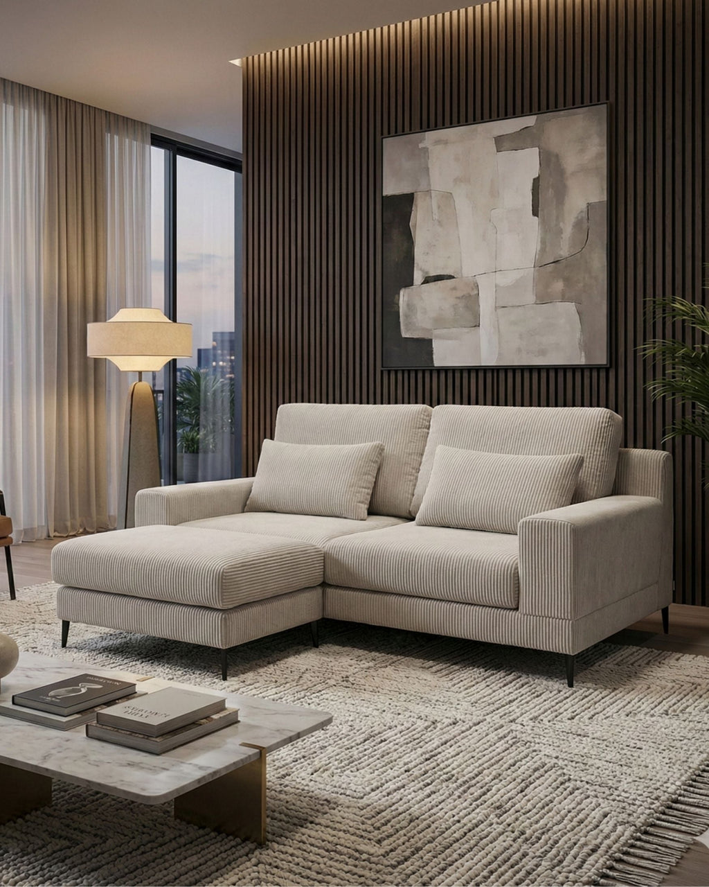 3-seater sofa | beige stain-resistant with pouffe included