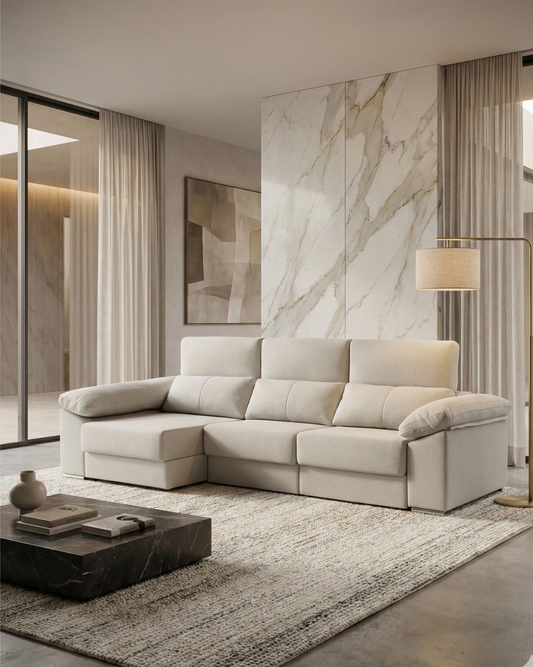 Sofá chaiselongue beige 3 plazas con deslizantes para salas