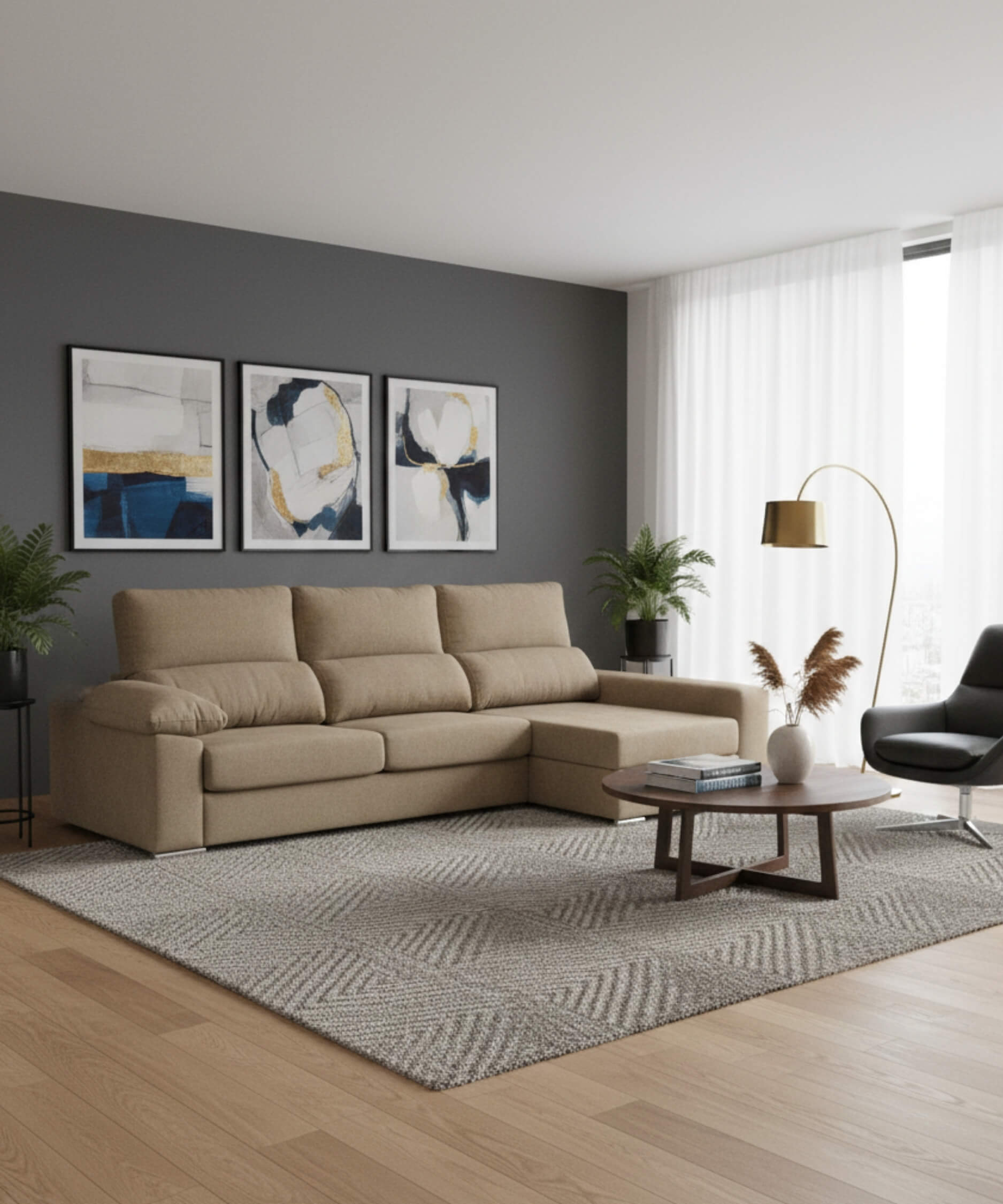 Sofá chaiselongue 3 plazas confort y amplitud | marrón