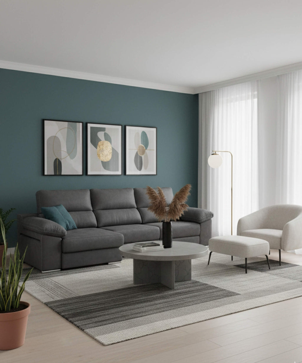 Sofá chaiselongue 4 plazas gris antimanchas | salón