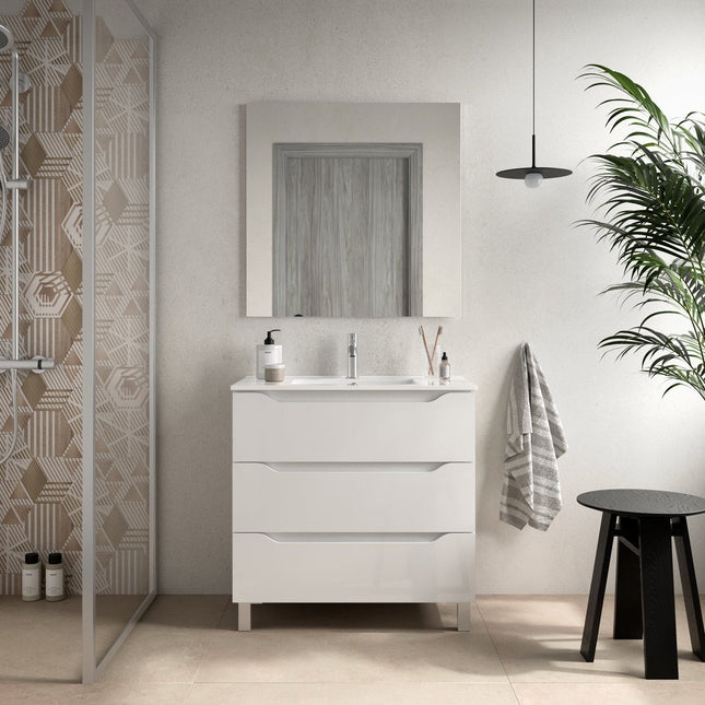 Mueble de baño 3 cajones acabado blanco brillo con patas | 3_BP