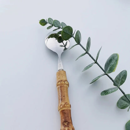 Juego de vajilla de acero inoxidable con mango de bambú natural, cubiertos originales