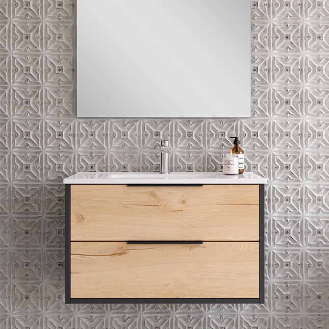 Mueble de baño con lavabo 80 cm negro con dos cajones | 3_BP