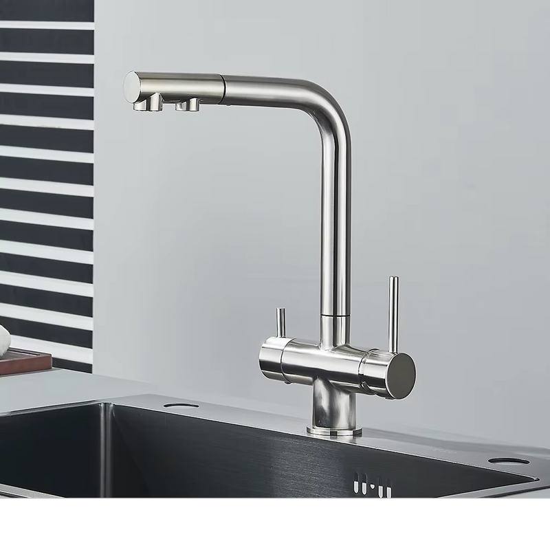 Grifo de cocina mezclador doble manija de latón cromado con filtro de agua 3-VíasGrifosHardware > Plumbing > Plumbing Fixtures > Faucets > Kitchen Sink Faucets
