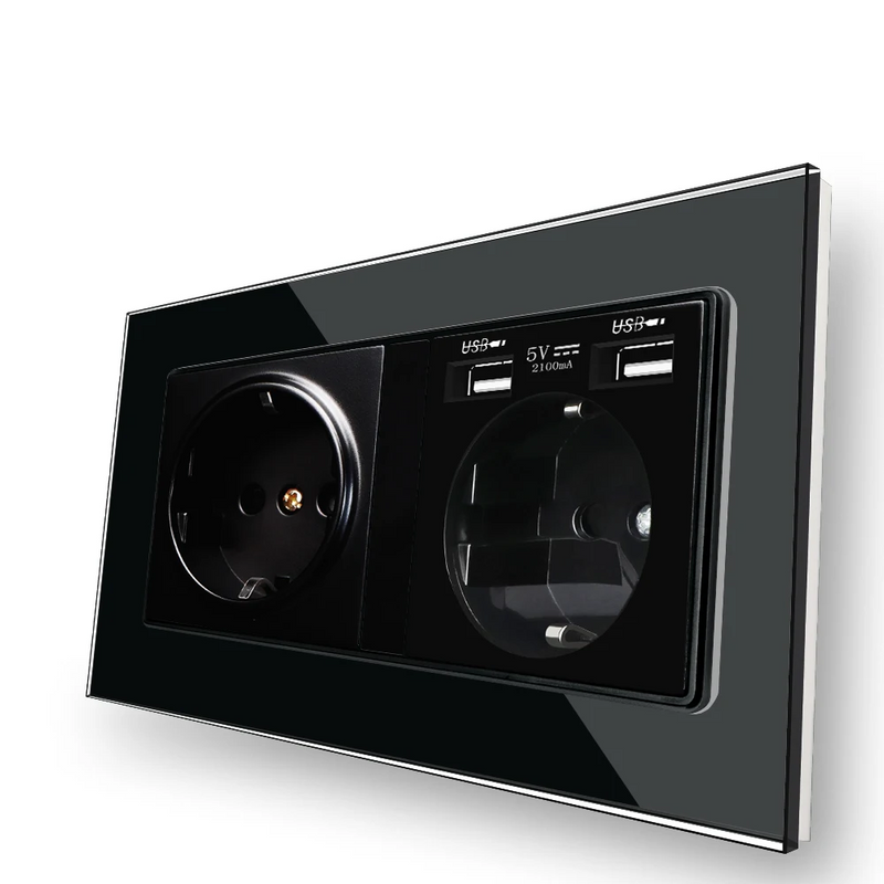 Enchufe EU doble de pared con panel de cristal templado negro Serie D1, con puertos de carga USBEnchufes