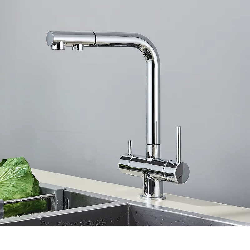 Grifo de cocina mezclador doble manija de latón cromado con filtro de agua 3-VíasGrifosHardware > Plumbing > Plumbing Fixtures > Faucets > Kitchen Sink Faucets