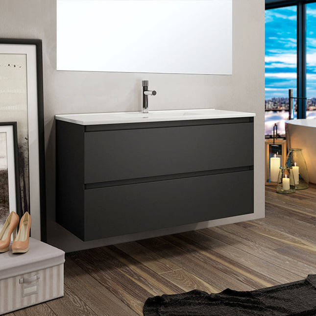 Mueble de baño negro mate con lavabo de porcelana blanco | 3_BP