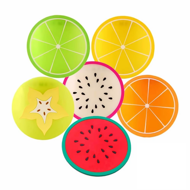 Thin gel coasters with non-slip silicone in the shape of a fruit, pack of 6 units