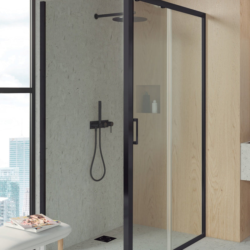 Mampara de ducha con lateral fijo y frontal corredera negro | 3_BP