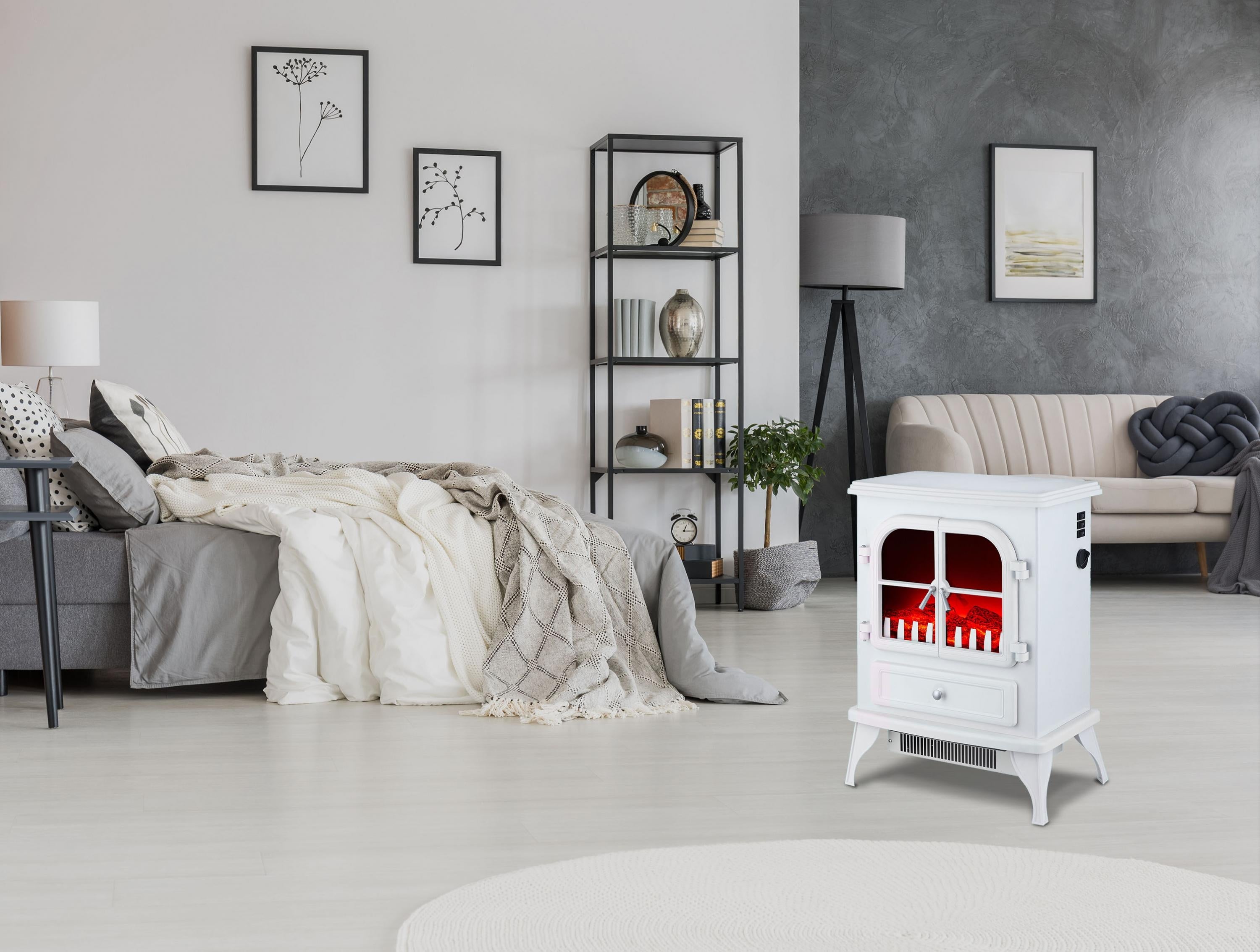 Chimenea Eléctrica de suelo, 2000W, estilo retro con patas, en acero lacado blanco