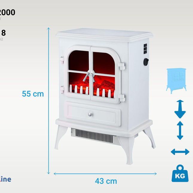 Chimenea Eléctrica de suelo, 2000W, estilo retro con patas, en acero lacado blanco