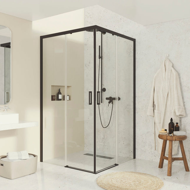 Mampara de ducha angular corredera negro transparente | 3_BP