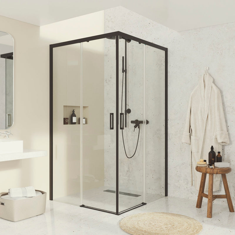 Mampara de ducha angular corredera negro transparente | 3_BP