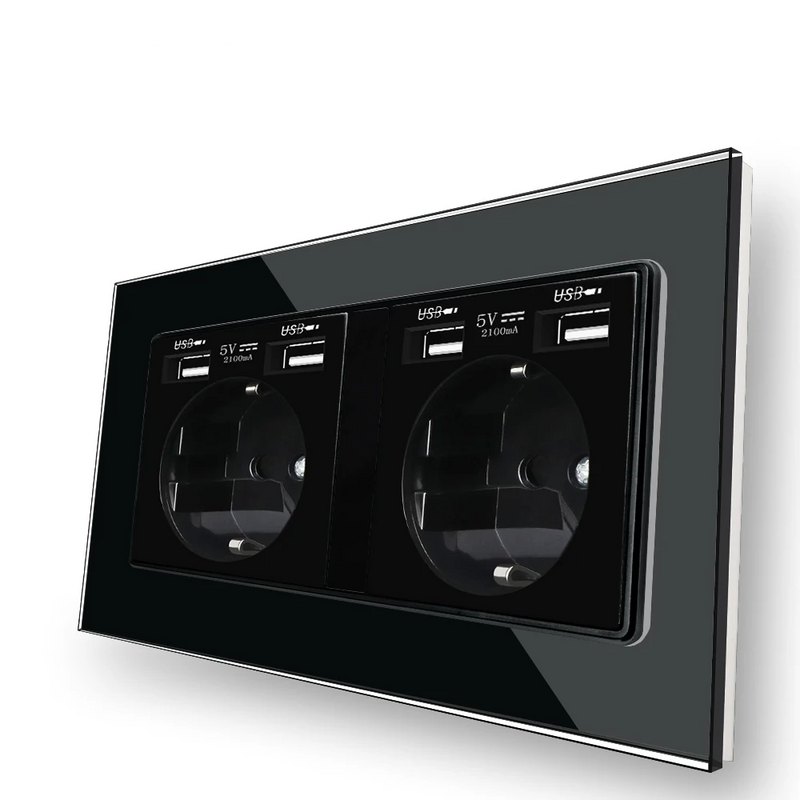 Enchufe EU doble de pared con panel de cristal templado negro Serie D1, con puertos de carga USBEnchufes