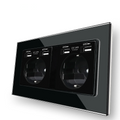 Enchufe EU doble de pared con panel de cristal templado negro Serie D1, con puertos de carga USBEnchufes