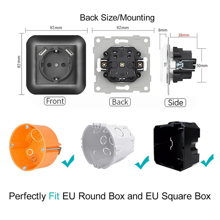 USB A+C charging EU socket with fireproof PC panel A2 series, suitable for round box