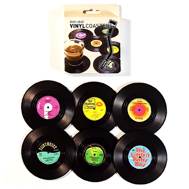 Retro coasters with vinyl record design, pack of 6 units