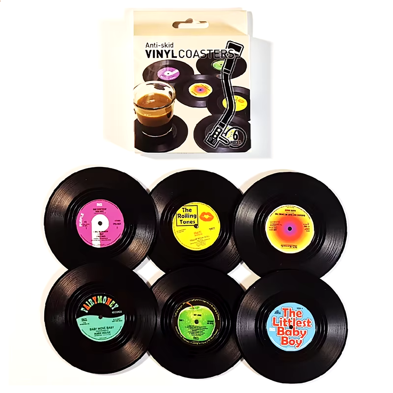 Posavasos retro con diseño de disco de vinilo pack 6 unidadesPosavasos