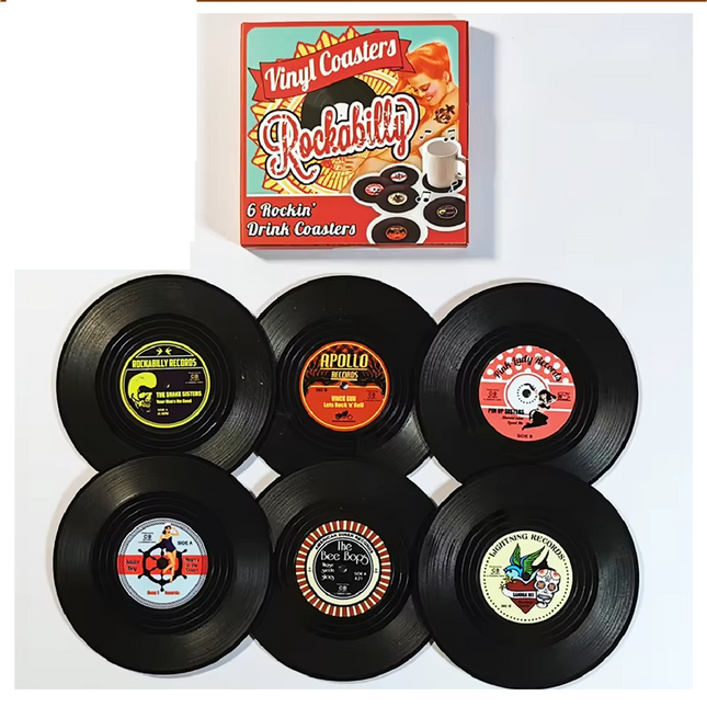 Retro coasters with vinyl record design, pack of 6 units