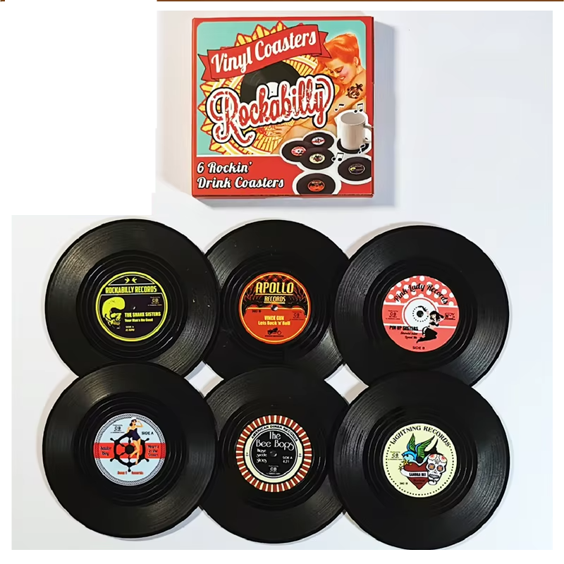 Posavasos retro con diseño de disco de vinilo pack 6 unidadesPosavasos