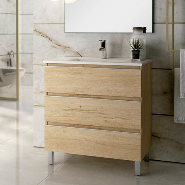 Mueble de baño con lavabo 3 cajones bambú con tiradores | 3_BP