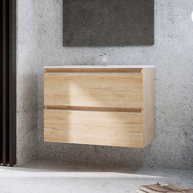 Mueble de baño con lavabo bambú suspendido 2 cajones | 3_BP