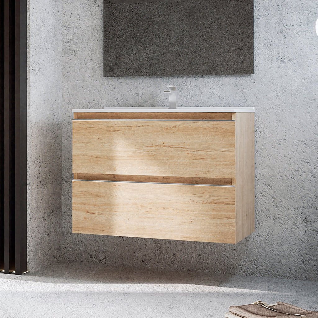 Mueble de baño con lavabo bambú suspendido 2 cajones | 3_BP