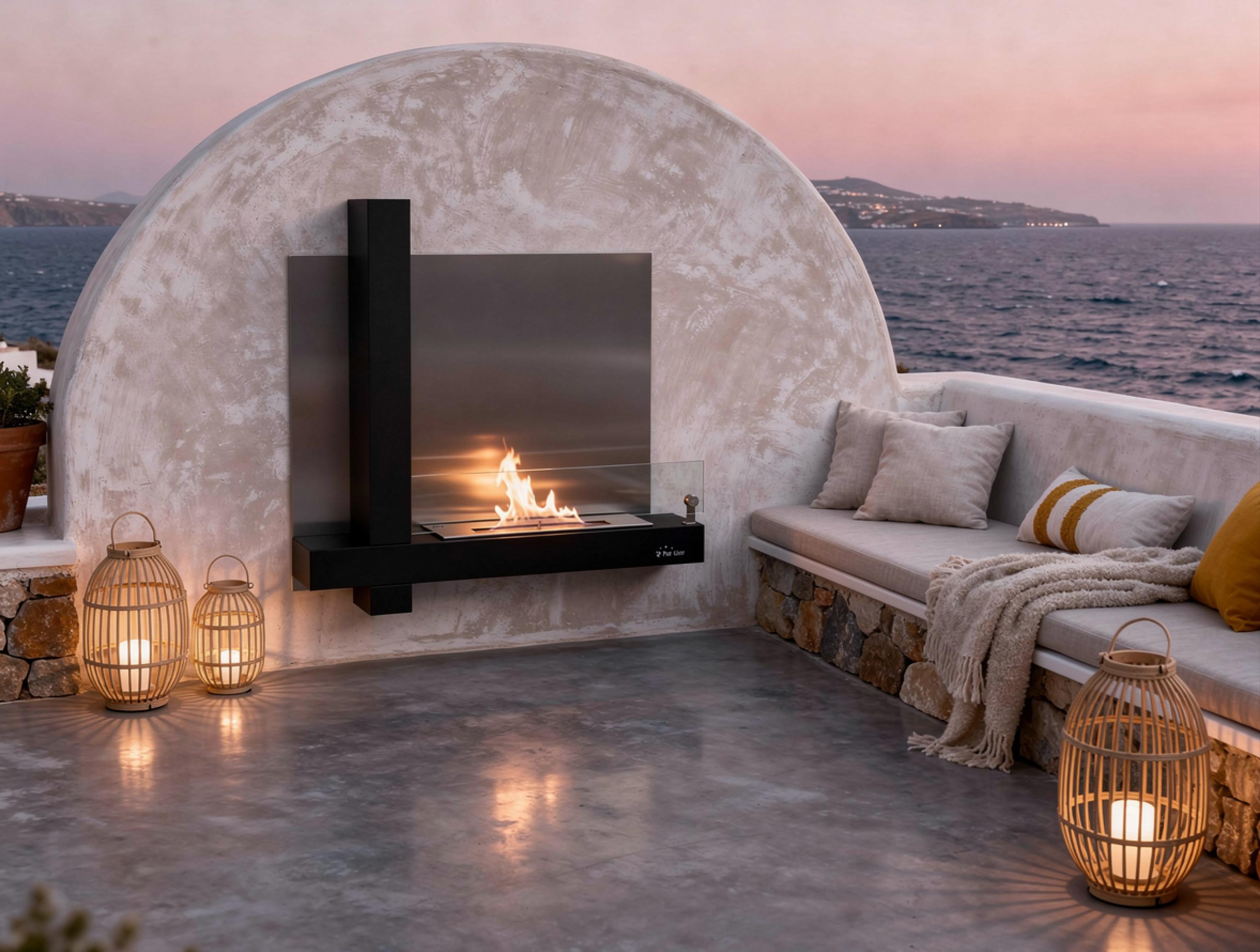 Versatile black stainless steel wall-mounted ethanol fireplace