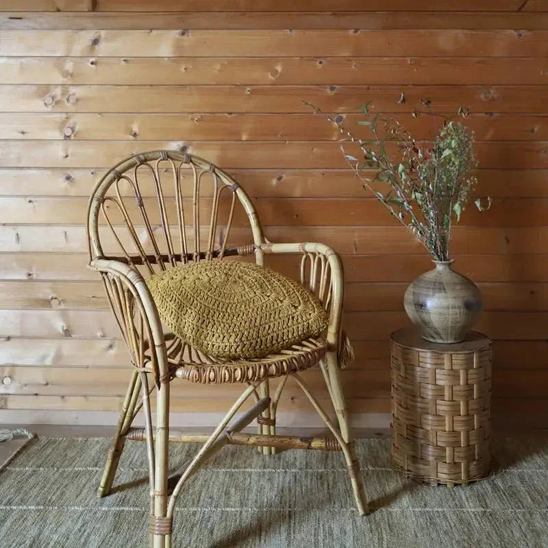 Bohemian crochet cushion with pompom | Mustard cotton