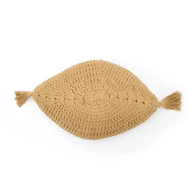 Almofada boémia em crochê com pompom | Algodão mostarda