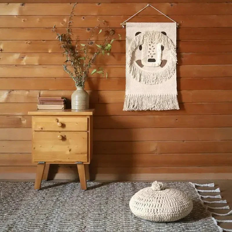 Round crochet decorative cushion in ecru cotton