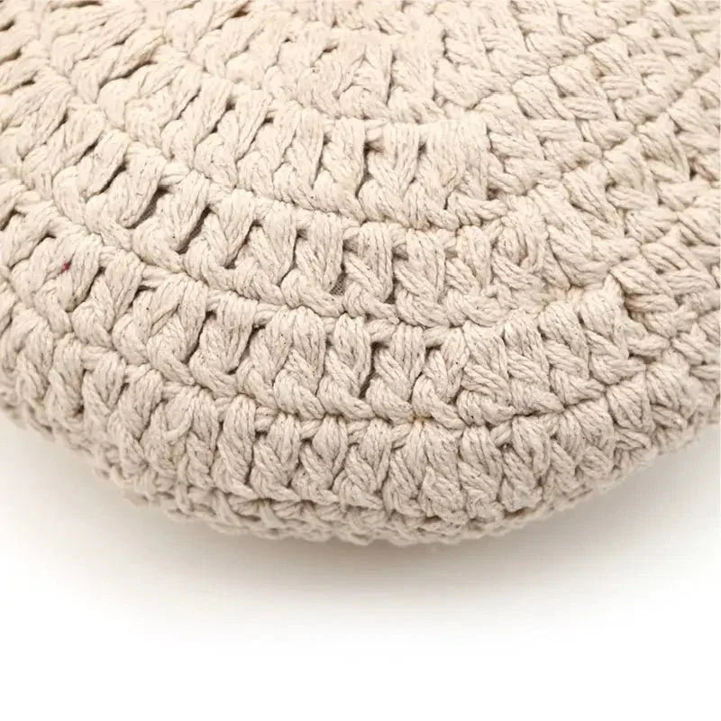 Round crochet decorative cushion in ecru cotton