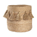 Cesta de almacenaje de yute con pompones y toques dorados